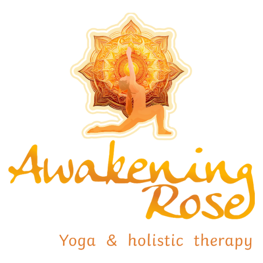 Awakening Rose — Yoga & holistic therapy. Faren’s logo: a gold-and-amber mandala with a seated figure, on black.